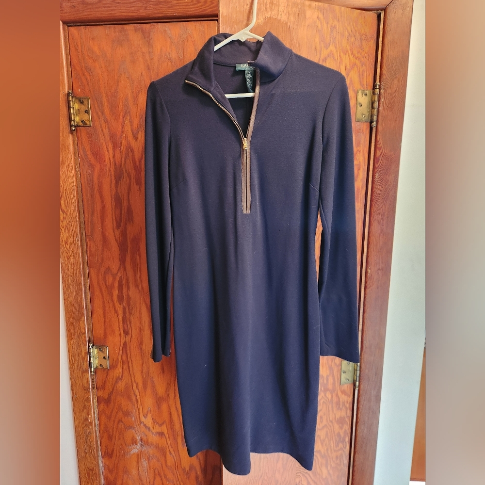Navy Long-Sleeve Dress with Zipper
